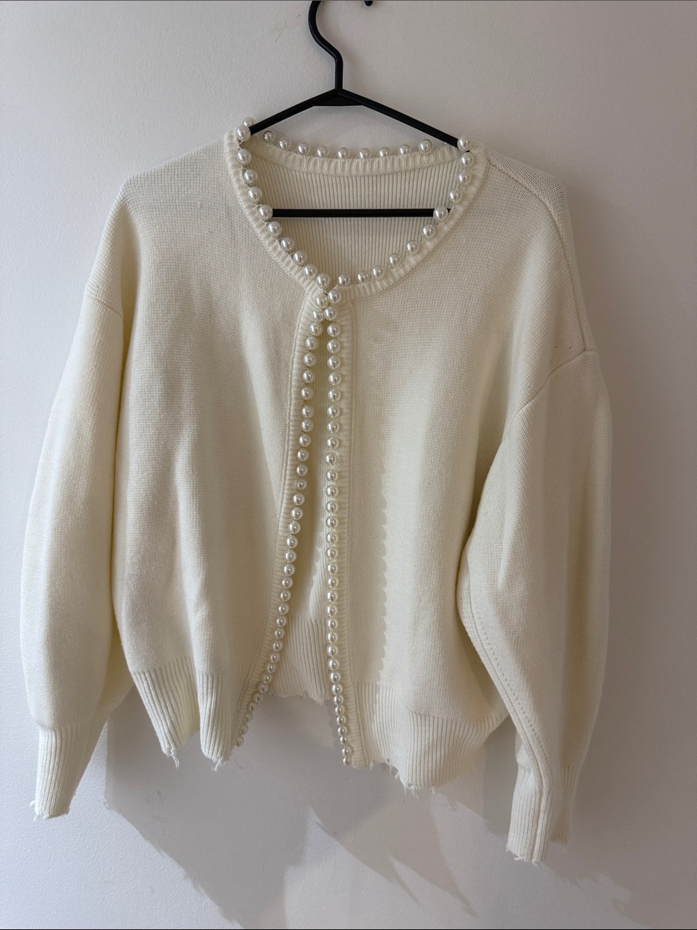 Commense Pearl-Trim Cream Knit Cardigan Sweater